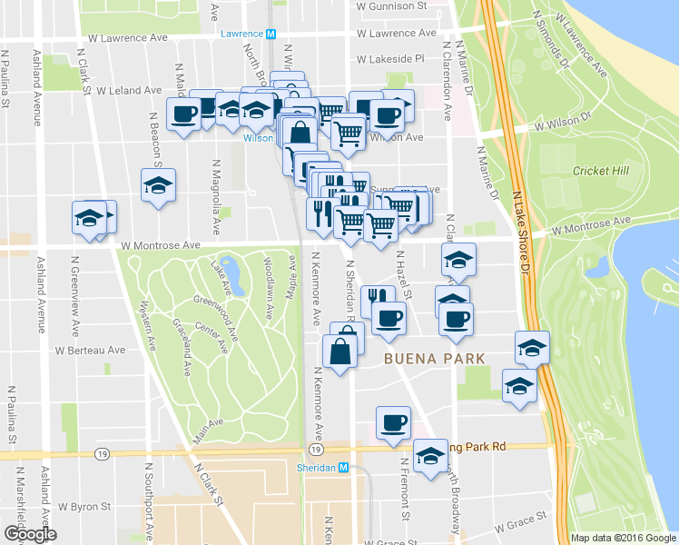 map of restaurants, bars, coffee shops, grocery stores, and more near 4342 North Sheridan Road in Chicago