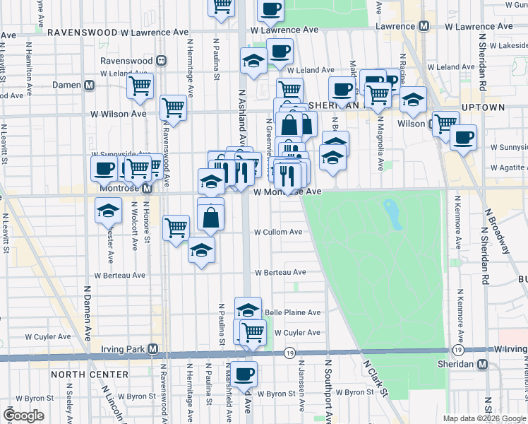 map of restaurants, bars, coffee shops, grocery stores, and more near 4341 North Greenview Avenue in Chicago