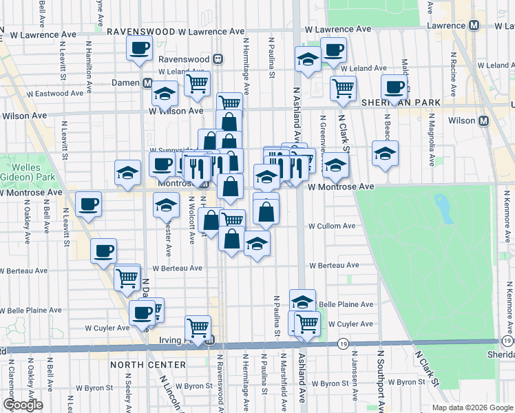 map of restaurants, bars, coffee shops, grocery stores, and more near 4343 North Hermitage Avenue in Chicago