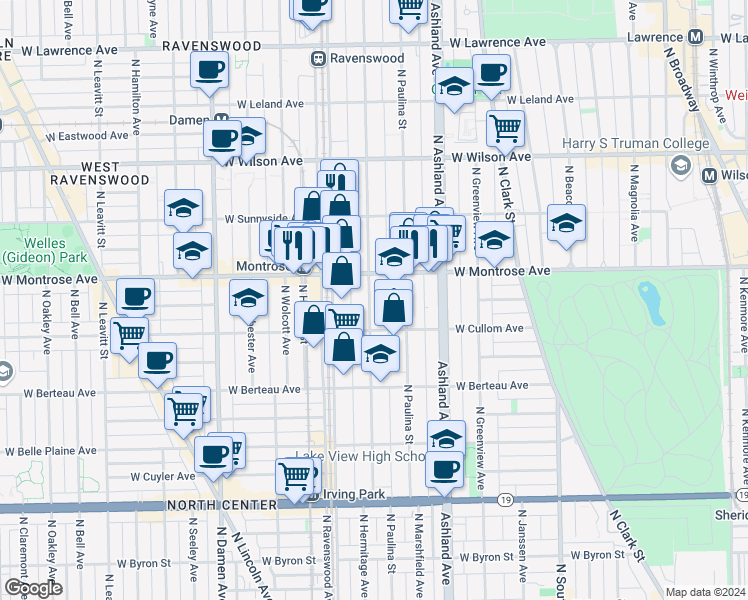 map of restaurants, bars, coffee shops, grocery stores, and more near 4343 North Hermitage Avenue in Chicago