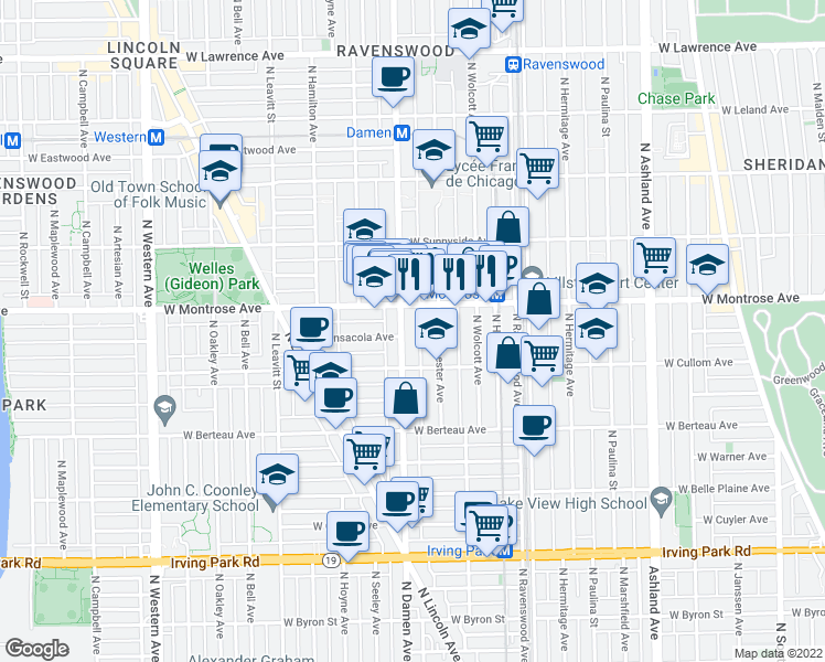 map of restaurants, bars, coffee shops, grocery stores, and more near in Chicago