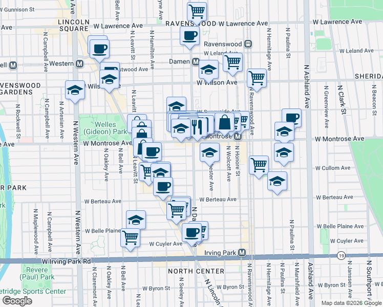 map of restaurants, bars, coffee shops, grocery stores, and more near 4346 North Damen Avenue in Chicago