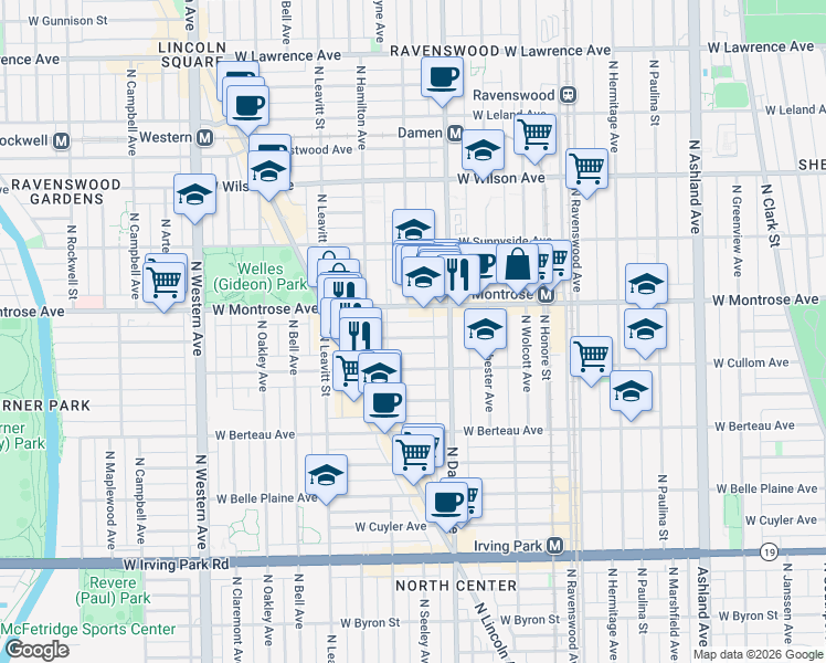 map of restaurants, bars, coffee shops, grocery stores, and more near 2051 West Montrose Avenue in Chicago