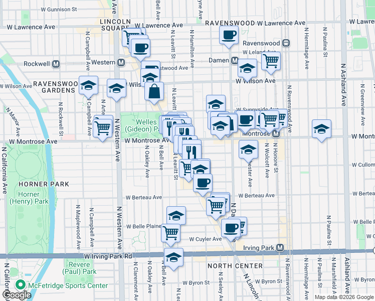 map of restaurants, bars, coffee shops, grocery stores, and more near 2130 West Pensacola Avenue in Chicago