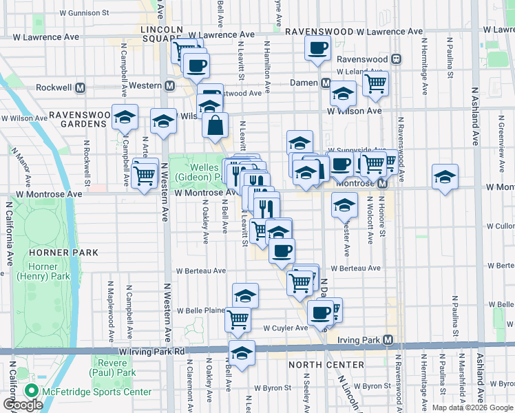 map of restaurants, bars, coffee shops, grocery stores, and more near 2130 West Pensacola Avenue in Chicago