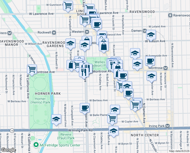 map of restaurants, bars, coffee shops, grocery stores, and more near 2315 West Montrose Avenue in Chicago