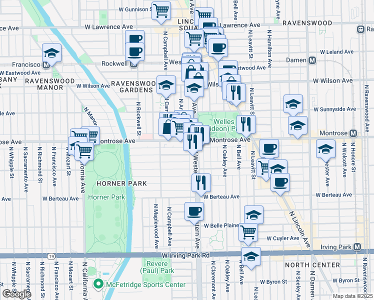 map of restaurants, bars, coffee shops, grocery stores, and more near 2431 West Montrose Avenue in Chicago