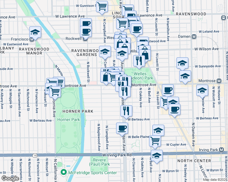 map of restaurants, bars, coffee shops, grocery stores, and more near 2431 West Montrose Avenue in Chicago