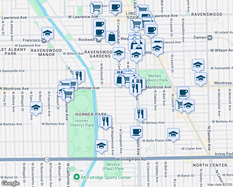 map of restaurants, bars, coffee shops, grocery stores, and more near 4355 North Campbell Avenue in Chicago