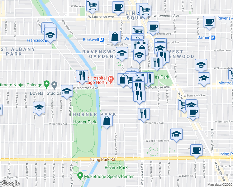 map of restaurants, bars, coffee shops, grocery stores, and more near 4355 North Campbell Avenue in Chicago