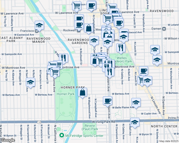 map of restaurants, bars, coffee shops, grocery stores, and more near 4355 North Campbell Avenue in Chicago