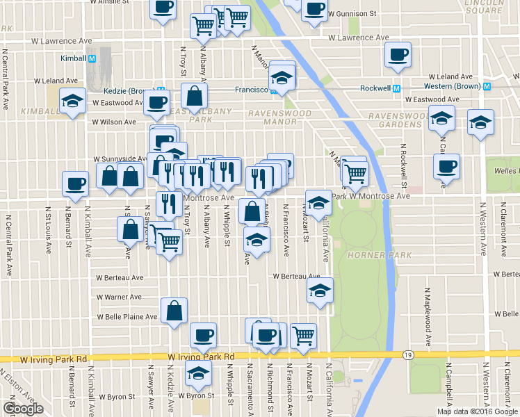 map of restaurants, bars, coffee shops, grocery stores, and more near 2925 West Montrose Avenue in Chicago