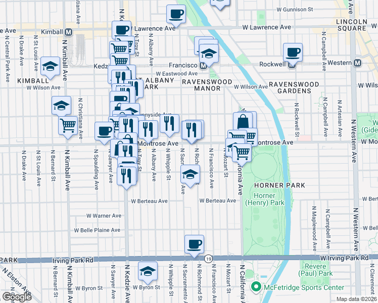 map of restaurants, bars, coffee shops, grocery stores, and more near 4352 North Sacramento Avenue in Chicago