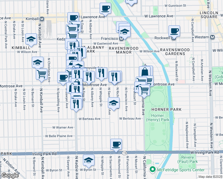 map of restaurants, bars, coffee shops, grocery stores, and more near 4352 North Sacramento Avenue in Chicago