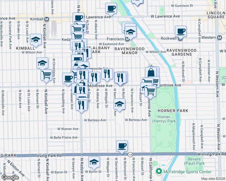 map of restaurants, bars, coffee shops, grocery stores, and more near 4352 North Sacramento Avenue in Chicago
