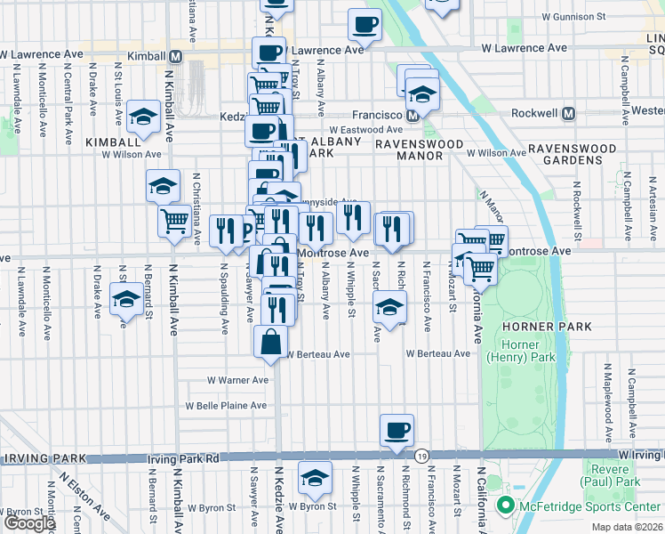 map of restaurants, bars, coffee shops, grocery stores, and more near in Chicago