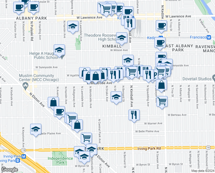 map of restaurants, bars, coffee shops, grocery stores, and more near 3535 West Montrose Avenue in Chicago