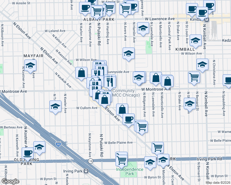 map of restaurants, bars, coffee shops, grocery stores, and more near 3916 West Montrose Avenue in Chicago