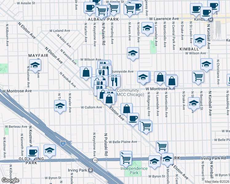 map of restaurants, bars, coffee shops, grocery stores, and more near 3916 West Montrose Avenue in Chicago