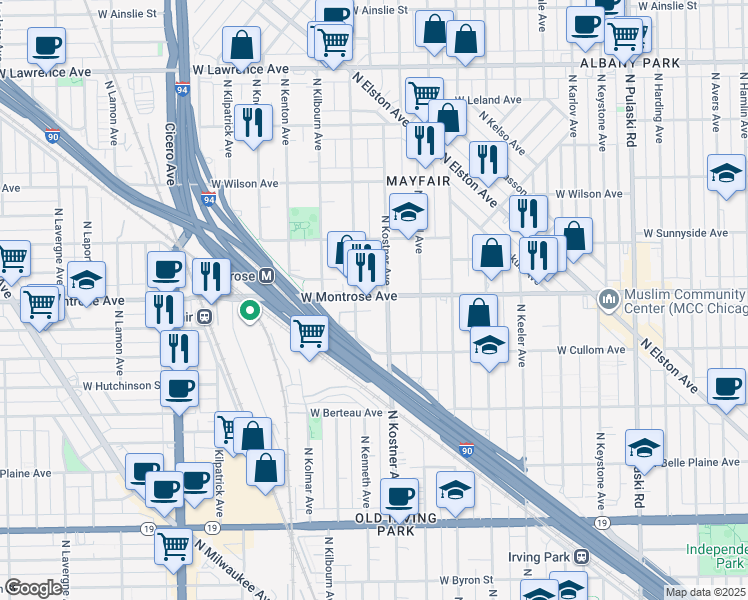map of restaurants, bars, coffee shops, grocery stores, and more near 4428 West Montrose Avenue in Chicago