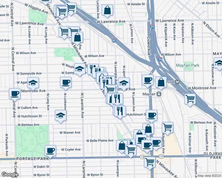 map of restaurants, bars, coffee shops, grocery stores, and more near 5010 West Montrose Avenue in Chicago