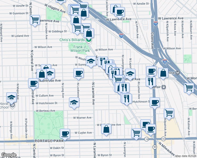 map of restaurants, bars, coffee shops, grocery stores, and more near 5138 West Montrose Avenue in Chicago