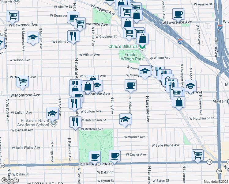 map of restaurants, bars, coffee shops, grocery stores, and more near 5355 West Agatite Avenue in Chicago
