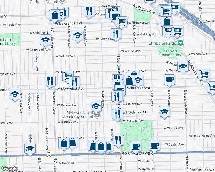 map of restaurants, bars, coffee shops, grocery stores, and more near 4415 North Major Avenue in Chicago