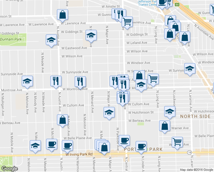 map of restaurants, bars, coffee shops, grocery stores, and more near 4415 North Major Avenue in Chicago