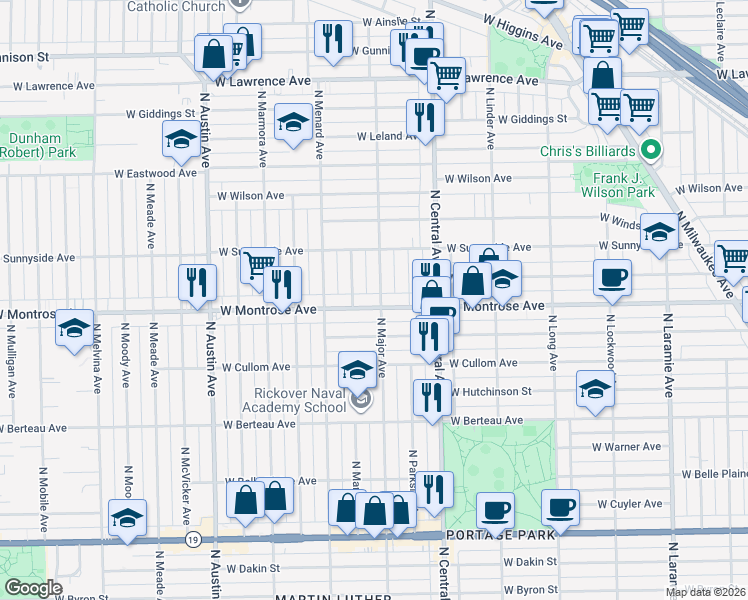 map of restaurants, bars, coffee shops, grocery stores, and more near 4415 North Major Avenue in Chicago