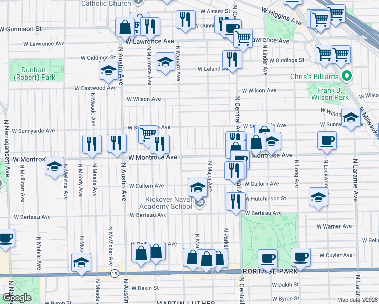 map of restaurants, bars, coffee shops, grocery stores, and more near 4418 North Mango Avenue in Chicago