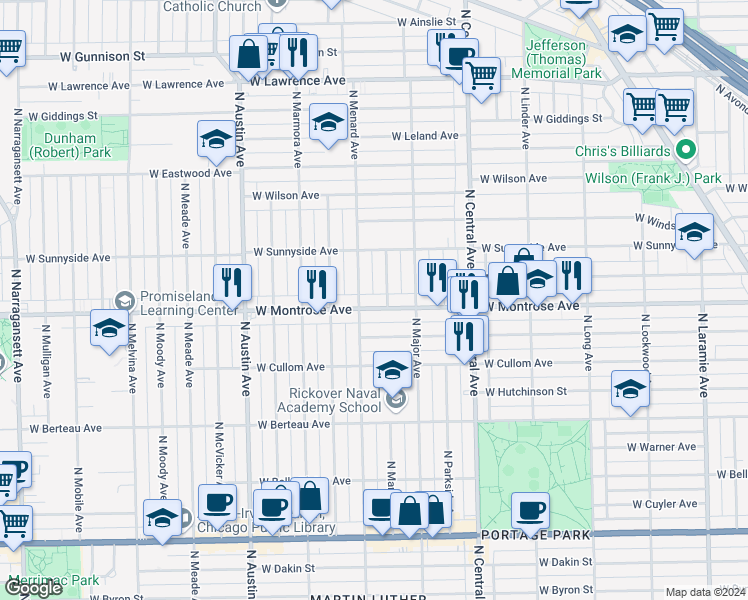 map of restaurants, bars, coffee shops, grocery stores, and more near 4418 North Mango Avenue in Chicago