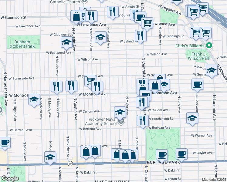 map of restaurants, bars, coffee shops, grocery stores, and more near 4418 North Mango Avenue in Chicago