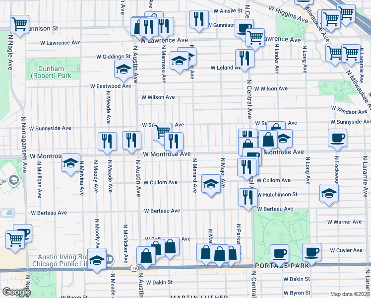 map of restaurants, bars, coffee shops, grocery stores, and more near 4418 North Menard Avenue in Chicago