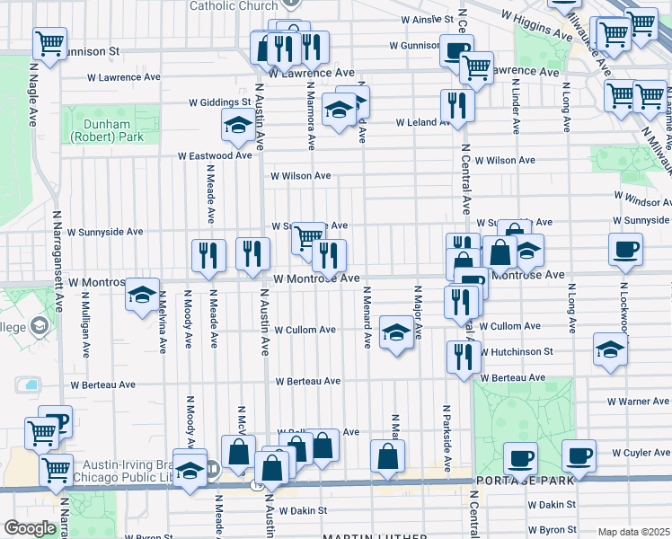 map of restaurants, bars, coffee shops, grocery stores, and more near 4415 North Marmora Avenue in Chicago