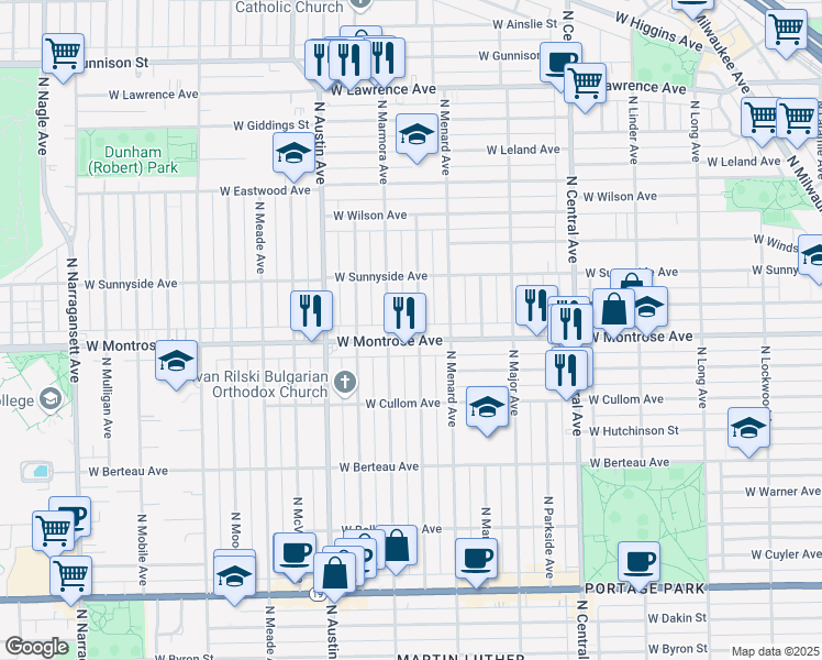 map of restaurants, bars, coffee shops, grocery stores, and more near 4415 North Marmora Avenue in Chicago
