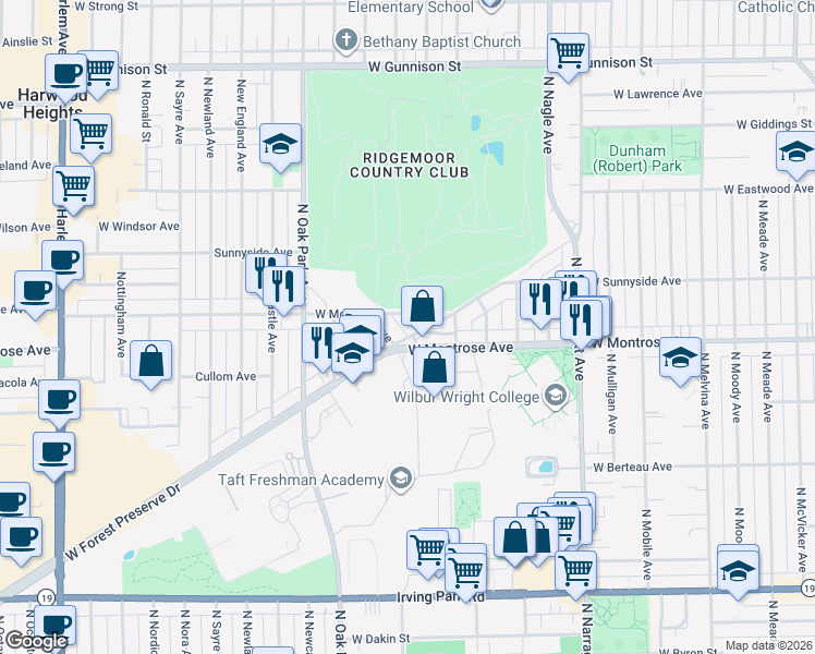 map of restaurants, bars, coffee shops, grocery stores, and more near 6621 West Norwood Court in Harwood Heights