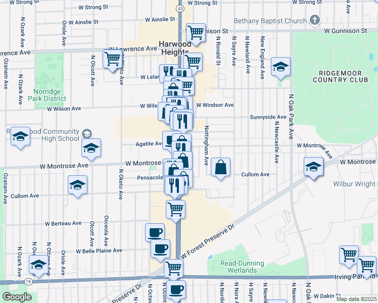 map of restaurants, bars, coffee shops, grocery stores, and more near in Norridge