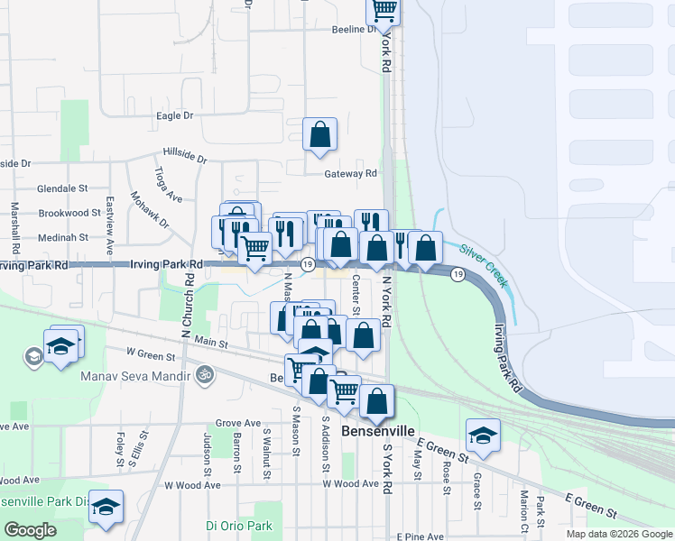 map of restaurants, bars, coffee shops, grocery stores, and more near 110 Irving Park Road in Bensenville