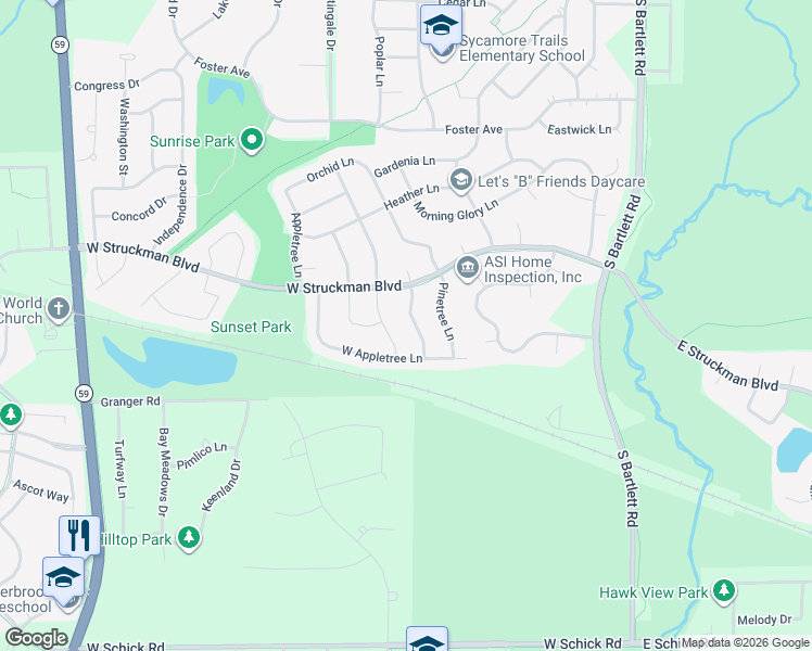map of restaurants, bars, coffee shops, grocery stores, and more near 1215 Dogwood Lane in Bartlett