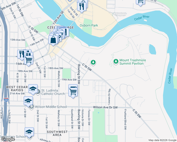 map of restaurants, bars, coffee shops, grocery stores, and more near 2142 C Street Southwest in Cedar Rapids