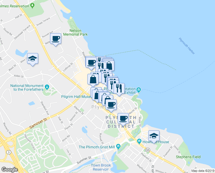 map of restaurants, bars, coffee shops, grocery stores, and more near Water Street in Plymouth