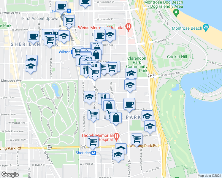 map of restaurants, bars, coffee shops, grocery stores, and more near W Cullom Ave & N Hazel St in Chicago