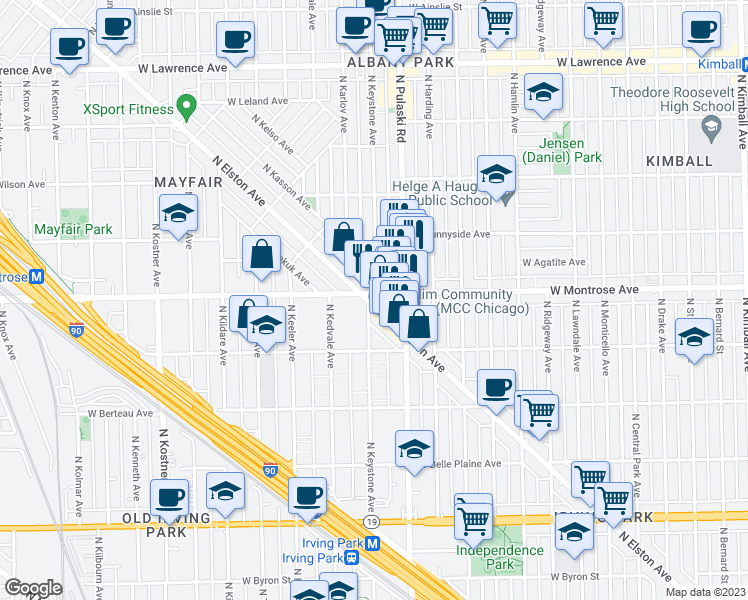 map of restaurants, bars, coffee shops, grocery stores, and more near 4393 North Elston Avenue in Chicago