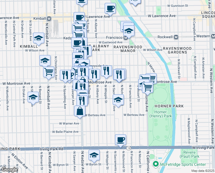 map of restaurants, bars, coffee shops, grocery stores, and more near in Chicago