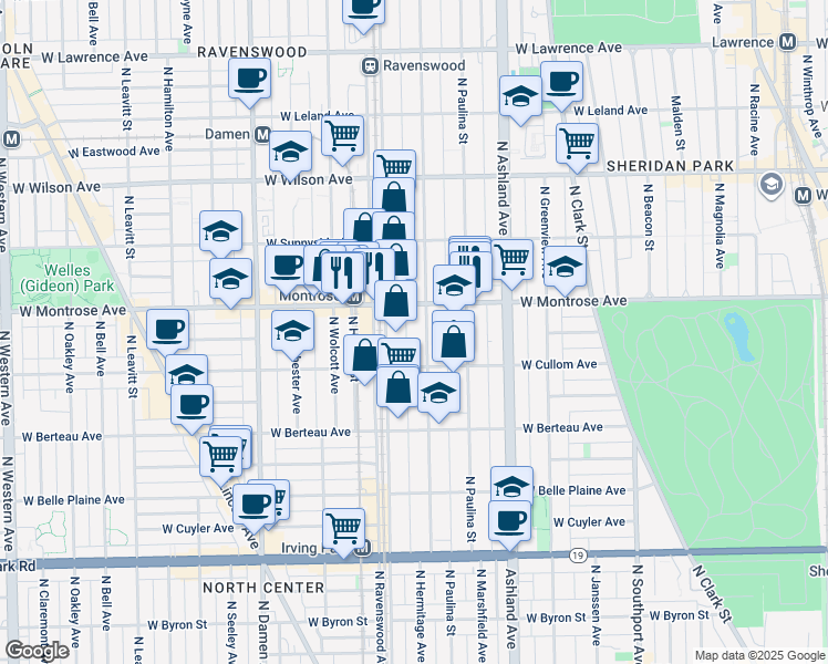 map of restaurants, bars, coffee shops, grocery stores, and more near 4328 North Hermitage Avenue in Chicago