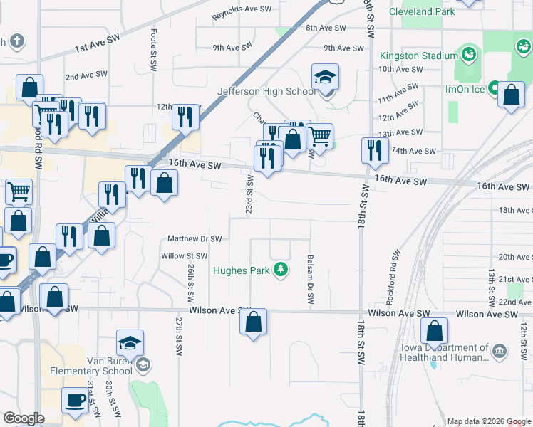 map of restaurants, bars, coffee shops, grocery stores, and more near 2203 Holly Meadow Avenue Southwest in Cedar Rapids