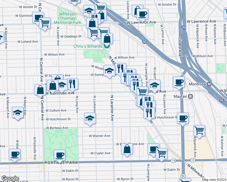 map of restaurants, bars, coffee shops, grocery stores, and more near 5164 West Montrose Avenue in Chicago