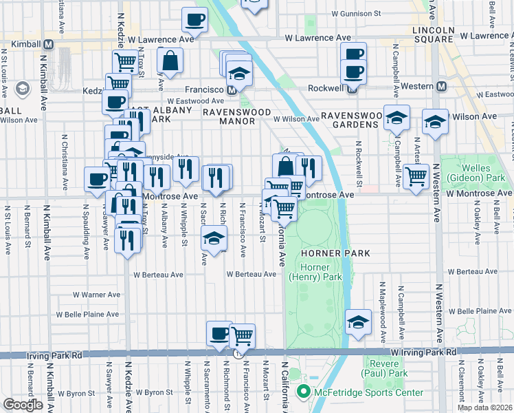 map of restaurants, bars, coffee shops, grocery stores, and more near 2853 West Montrose Avenue in Chicago