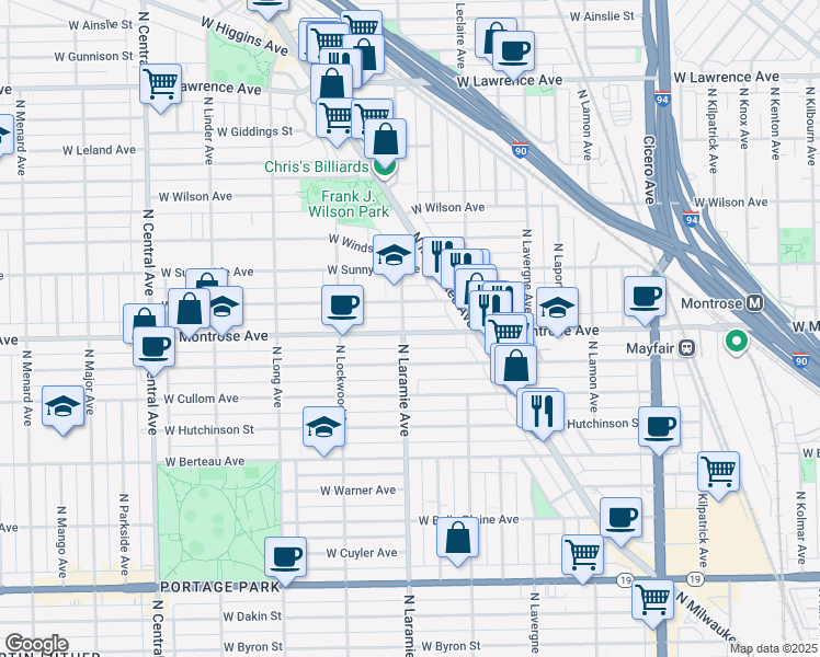 map of restaurants, bars, coffee shops, grocery stores, and more near 5160 West Montrose Avenue in Chicago